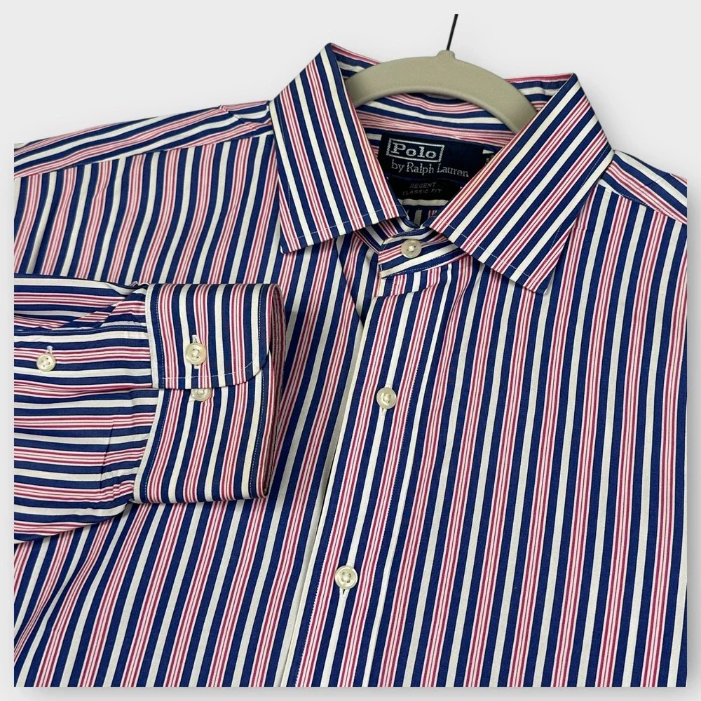 Polo Ralph Lauren Shirt Mens XL 17.5 Blue Pink White Striped Regent Classic VTG